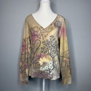 Xcit U.S.A. Beige Floral Paisley Long Sleeve Women’s XL Rhinestone Embellished